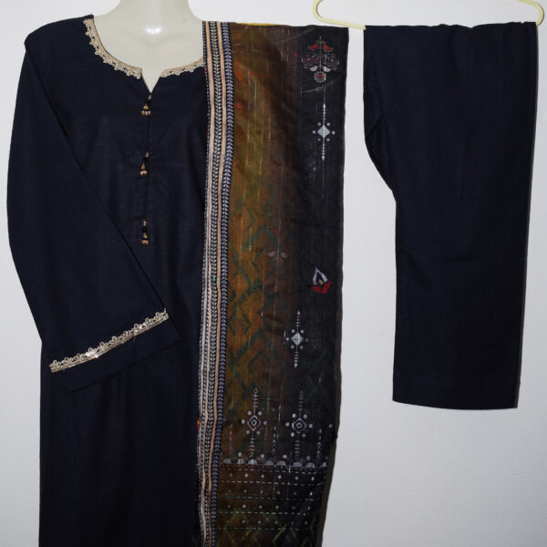 Elegant Black Khaddar Suit with Intricate Detailing and Printed Dupatta - Image 3