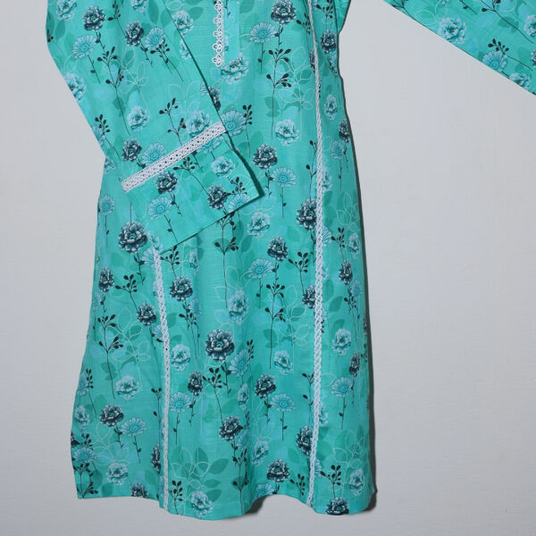 Turquoise Blossom Khaddar Kurta with Lace Details - Image 2