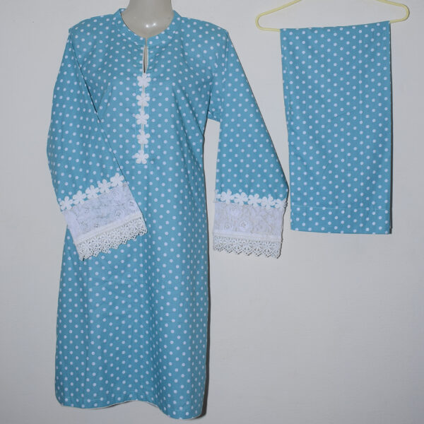 Polka Dot Grace: Sky Blue Kurta with Elegant Lace Detailing
