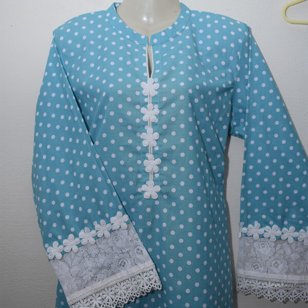 Polka Dot Grace: Sky Blue Kurta with Elegant Lace Detailing - Image 4