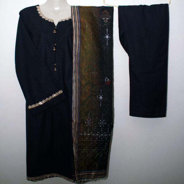 Elegant Black Khaddar Suit with Intricate Detailing and Printed Dupatta