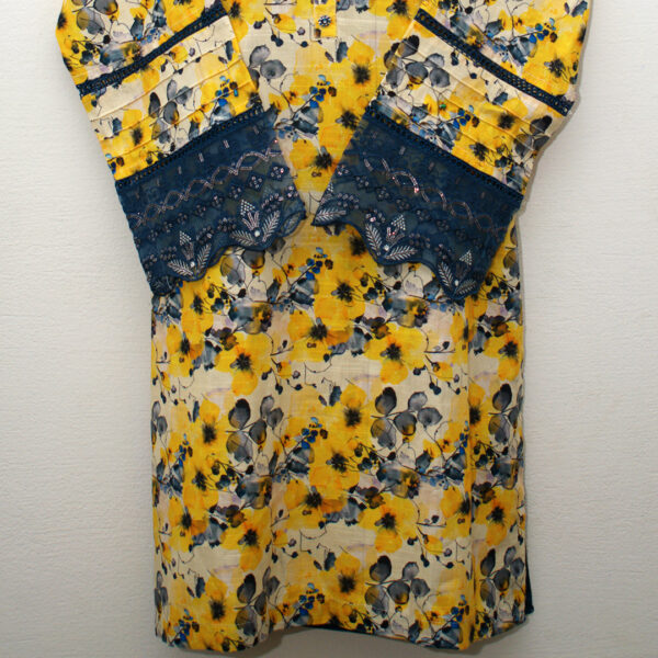 Floral Bliss Yellow Khaddar Kurta with Elegant Lace Detailing Sleeves - Image 2