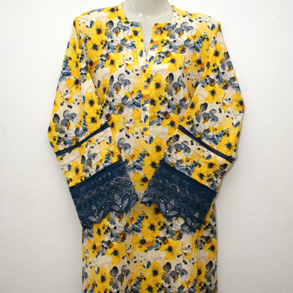 Floral Bliss Yellow Khaddar Kurta with Elegant Lace Detailing Sleeves